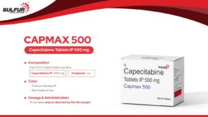 Capmax 500, Capecitabine 500 mg, oral chemotherapy, cancer treatment, chemotherapy drug, Capecitabine tablet, breast cancer treatment, colorectal cancer medication, gastric cancer chemotherapy, Sulfur Healthcare, cancer care, fluoropyrimidine drug, metastatic breast cancer, advanced colorectal cancer, chemotherapy side effects, cancer medication dosage, oncology treatment, best chemotherapy tablets, Capecitabine uses, cancer drug precautions